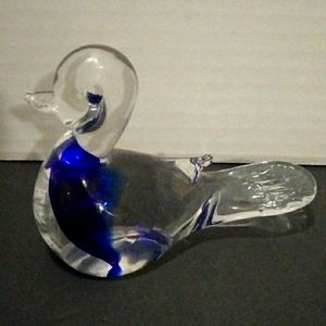 Vintage Art glass duck figurine clear glass with blue